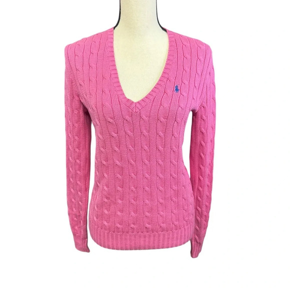 Ralph Lauren Sport 100% Cotton Pink Cable Knit Sweater Size Medium - Picture 2 of 5